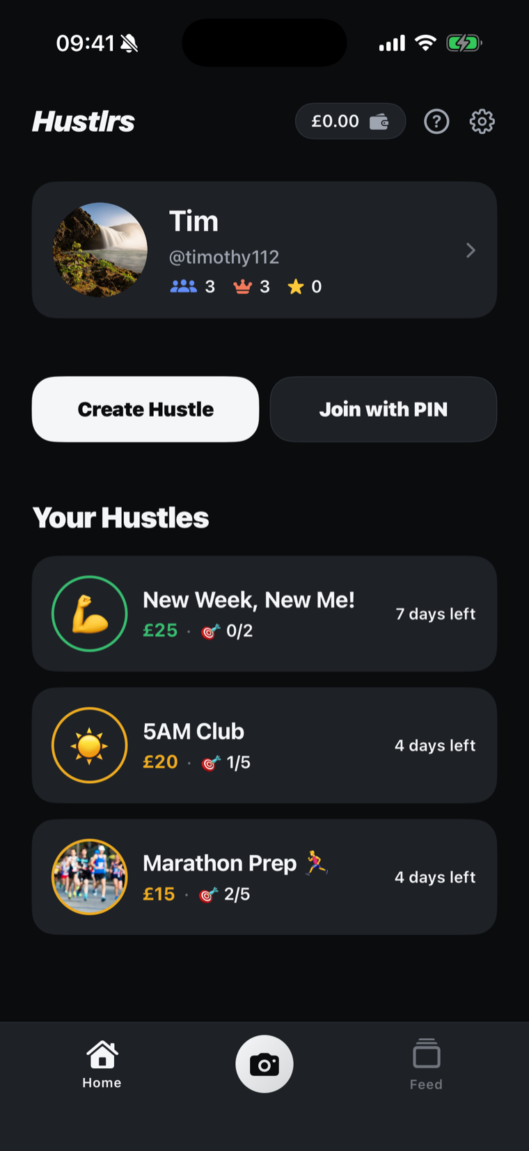 The Hustlrs home screen with friends and solo hustles