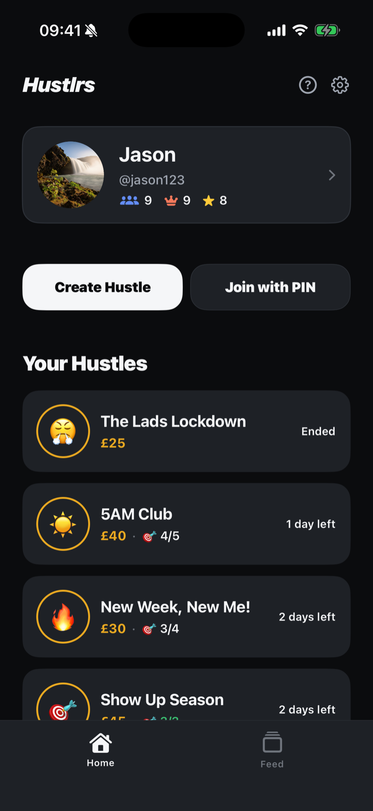 The Hustlrs home screen with friends and solo hustles