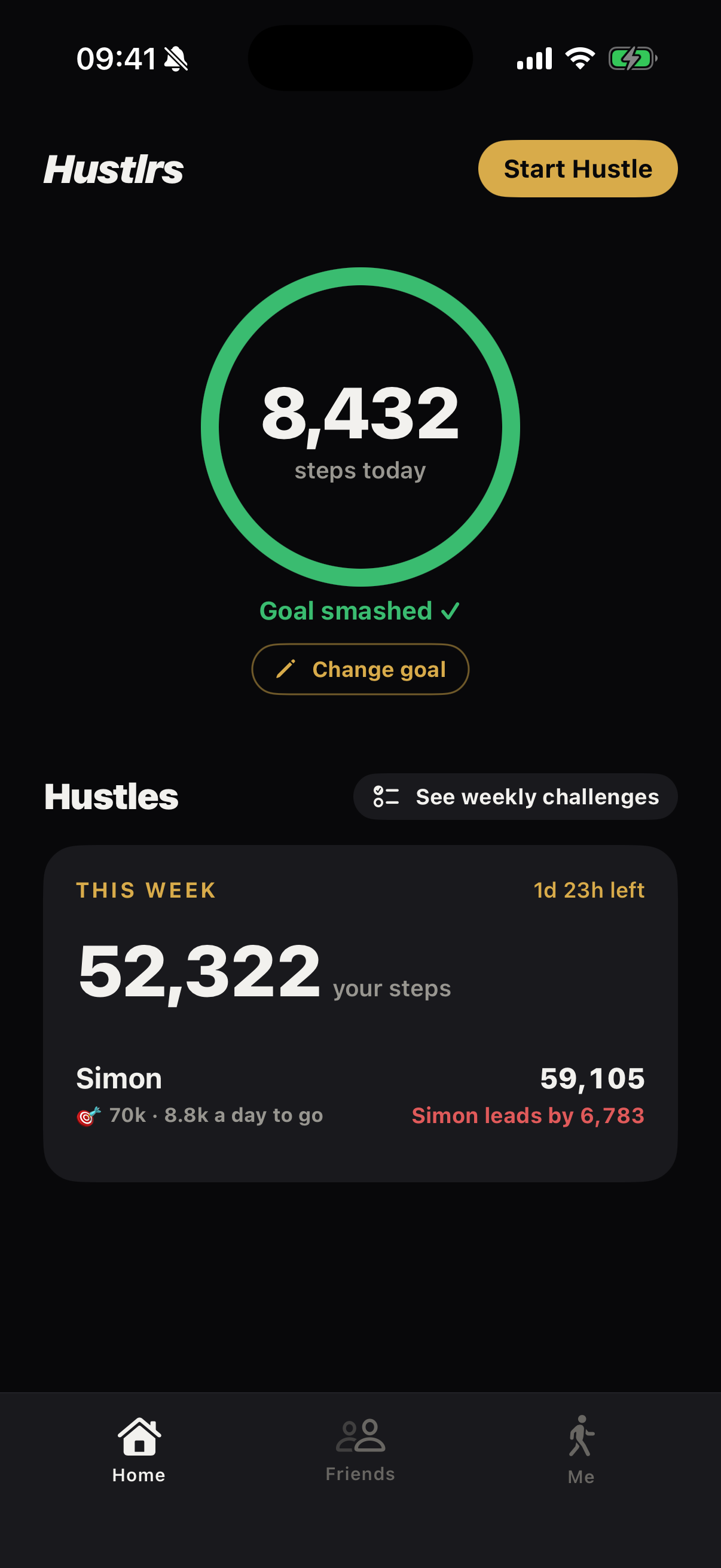 The Hustlrs home screen with today's step ring and your live challenges